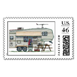 Cute RV Vintage Fifth Wheel Camper Travel Trailer Postage Stamp