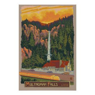 Multnomah Falls & Lodge, Oregon Travel Poster