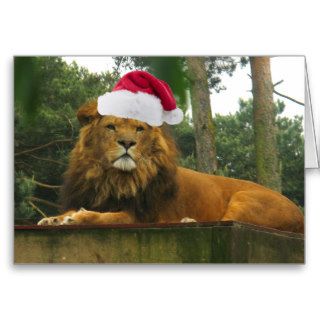 Christmas Lion Wearing Santa Hat Greeting Card