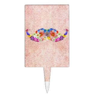 Bright Floral Mustache Collage Pink Damask Lace Cake Pick