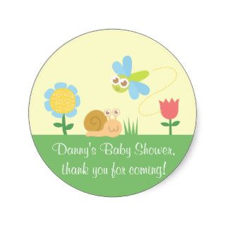 Baby Shower Cute Dragonfly & Snail in a garden Round Sticker