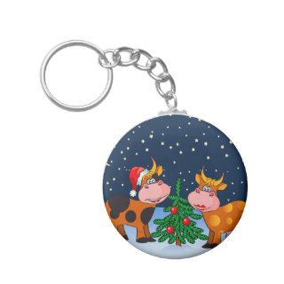 Sweet Merry Christmas Cow Couple By Christmas Tree Key Chains