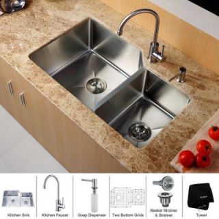 KRAUS All in One Undermount 32x20x10 0 Hole Double Bowl Kitchen Sink with Stainless Steel Kitchen Faucet KHU123 32 KPF2160 SD20