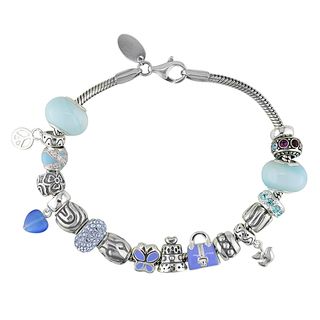 Miadora Sterling Silver Blue Glass and Cubic Zirconia Charm Bracelet Miadora Charm Bracelets
