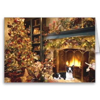 Boston Terrier Christmas Fireplace Card
