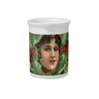 Vintage Christmas, girl in the holly Beverage Pitchers