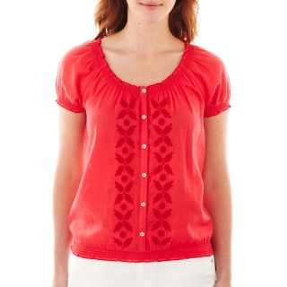 St. Johns Bay St. John s Bay Short Sleeve Smocked Peasant Top, Teaberry