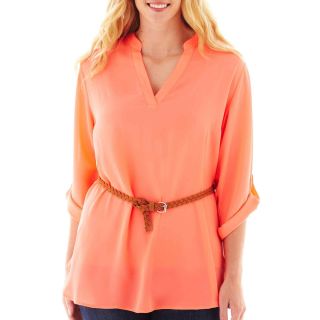 3/4 Sleeve Belted Tunic   Plus, Neon Coral