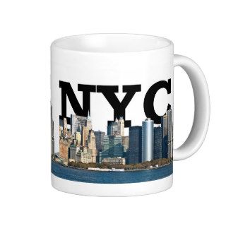 New York skyline with "NYC" in the sky above. Mugs