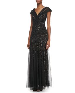 Womens V Neck Lace and Tulle Gown   Tadashi Shoji