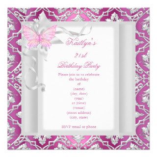 21st Birthday Party Pink White Damask Butterfly Custom Invitations