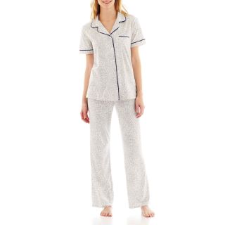 LIZ CLAIBORNE Short Sleeve Shirt and Pants Pajama Set   Petite, White/Gray,