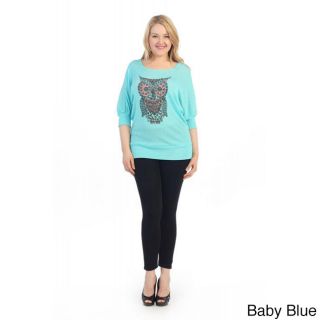 365 Apparel Womens Plus Size Owl Graphic 3/4 sleeve Pull over Top Blue Size 1X (14W  16W)