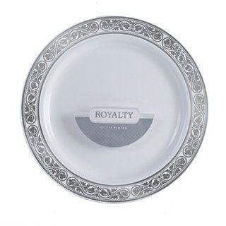 Royalty 10 Inch Plastic White Plates with Silver Band 120 CT