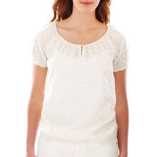 St. Johns Bay St. John s Bay Short Sleeve Embroidered Smocked Peasant Top,