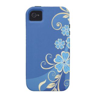 Blue Flowers Gold Leaves Elegant Swirl iPhone 4 Covers