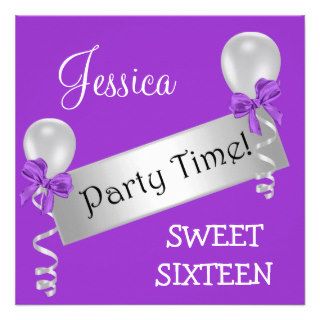 Sweet 16 Party Purple White Silver Bows Balloons Custom Invitations