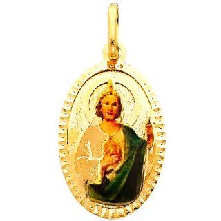 14K Yellow Gold Religious Saint Jude Enamel Picture Charm Pendant Jewelry