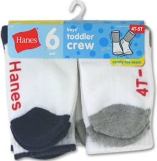 Hanes Toddler Boys Non Skid Crew Socks P6 26/6, White w/ Asst Heel and Toe, 12  Clothing