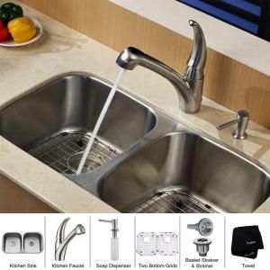 KRAUS All in One Undermount Stainless Steel 32 1/4x18x10.75 0 Hole Double Bowl Kitchen Sink with Kitchen Faucet KBU22 KPF2110 SD20