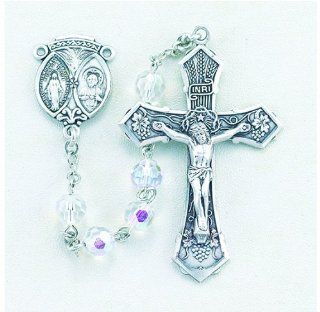 6mm Tin Cut Crystal (AB) Rosary w/ Sterling Silver Crucifix Cross & Center Boxed 33/151 15 1/2" w/ o Crucifix Cross & Center Patron Saint St. Medal Pendant Necklace In Gift Box Jewelry