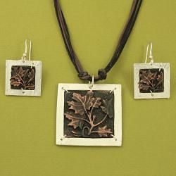 Handcrafted Pewter Grape Leaves Square Frame Cord Necklace and Earrings Set (India) Jewelry Sets