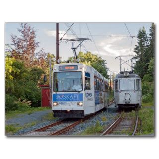 Trondheim Tramway. Tramcars passing each other. Postcard