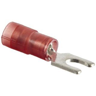 Panduit PNF18 8SLF C Short Locking Fork Terminal, Nylon Insulated, Funnel Entry, 22   18 AWG Wire Range, #8 Stud Size, Red, 0.03" Stock Thickness, 0.145" Max Insulation, 0.29" Terminal Width, 0.80" Terminal Length, 0.23" Center Hol