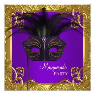Purple and Gold Mask Masquerade Party Invitations