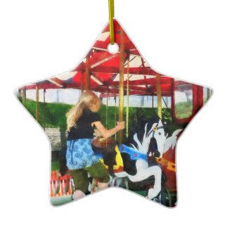 Girl Getting on Merry Go Round Christmas Tree Ornaments