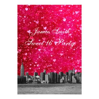 Etched NYC Skyline Hot Pink Red Heart 2 Sweet 16 V Custom Announcement