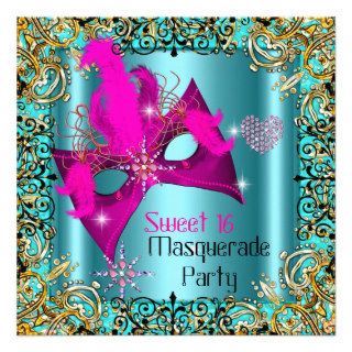 Teal Blue Pink Masquerade Sweet 16 Birthday Personalized Invitation