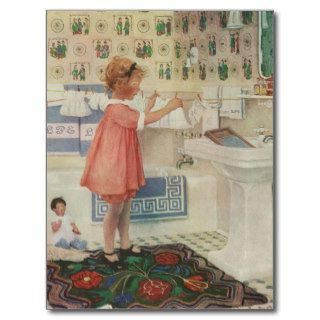 Vintage Girl, Child Doing Laundry Hanging Clothes Post Cards