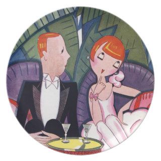 Illustration of 1920s Couple on Date by Fish Dinner Plates