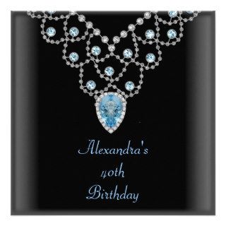 Elegant Silver Blue Jewel Black 40th Birthday Personalized Invites