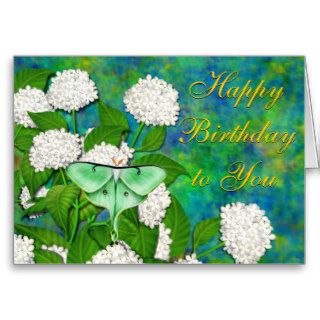 Happy Birthday Luna Moth in Hydrangea Flowers Card