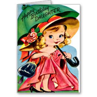 Little Daughter and Umbrella Retro Happy Birthday Cards