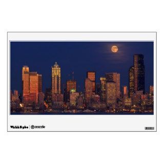 Full moon rising over downtown Seattle skyline Wall Decals