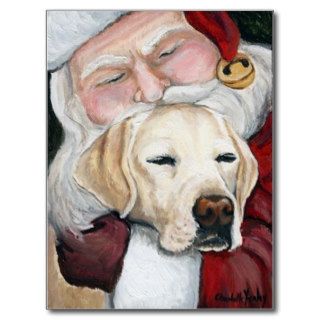 "Lab Gets Santa Hugs" Art Christmas Postcard