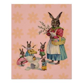 Vintage Easter Bunny with Spring Flowers Posters