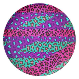 Fancy Wild Leopard Print Neon Pink Purple Blue Dinner Plates
