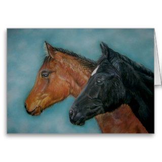 Two baby horses black foal chestnut foal portrait greeting card