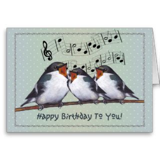 Happy Birthday Three Birds Singing Music Staff Greeting Card