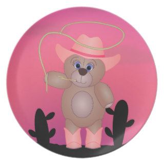 Girly Pink Cowgirl Teddy Bear Cartoon Mascot Plate
