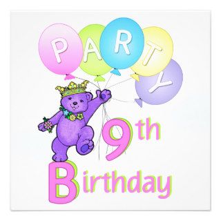 9th Birthday Party Princess Bear Balloons Invitations