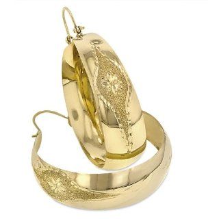 Ladies14K Yellow Gold Hi Polish Laser / Diamond cut Bangle Earrings 38.8mm in Diameter   208 02 Hoop Earrings Jewelry