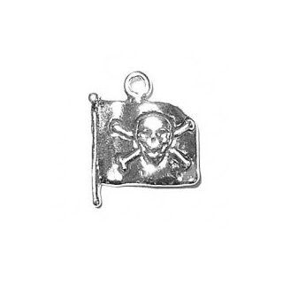 Sterling Silver 18" .8mm Wide Box Chain Necklace With 3D Pirate Flag Waving In The Wind Pendant With Skull And Crossbones Jewelry