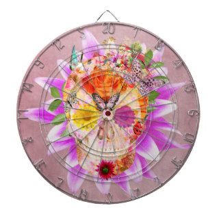 Girly Sugar Skull cute Butterfly Pink Flowers Dartboard With Darts