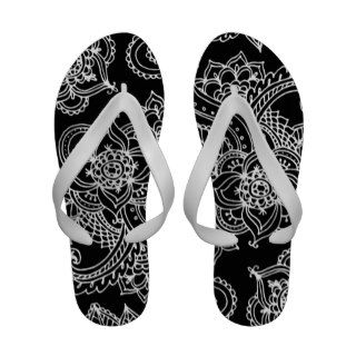 Black and White Illustrated Bohemian Paisley Henna Sandals