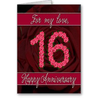 16th anniversary card with roses and leaves